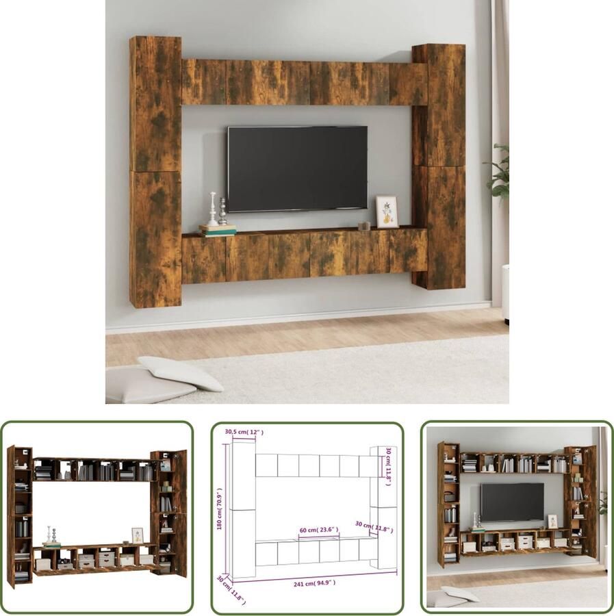 The Living Store Klassieke Televisiekastenset Bewerkt Hout Wandgemonteerd Gerookt Eiken 6x60x30cm 4x30.5x30x90cm - Foto 2