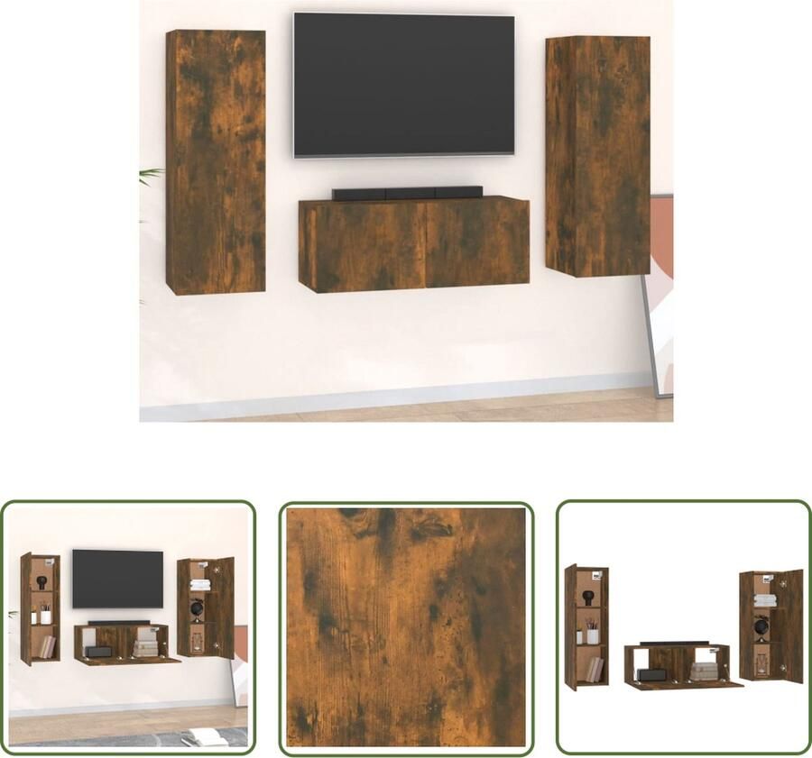 The Living Store Klassieke Televisiekastenset Gerookt eiken 80x30x30 cm + 2x 30.5x30x90 cm Klassieke Televisiekast Houten Tv Kast Wandtv Kast Bruine Tv Kast Opbergruimte Tv - Foto 3