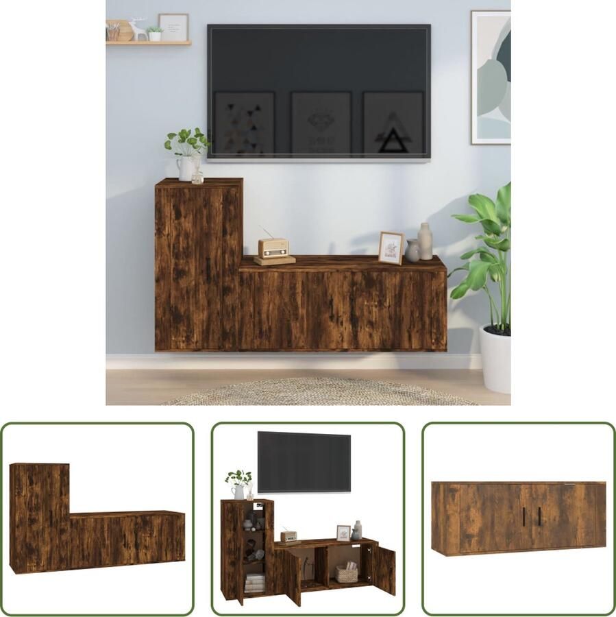 The Living Store Klassieke TV-kastenset Bewerkt hout Gerookt eiken Wandgemonteerde functie Voldoende opbergruimte - Foto 2