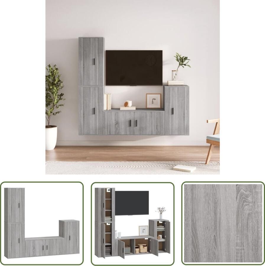 The Living Store TV-meubelset Klassiek Wandgemonteerd Grijs Bewerkt hout 1x 100x34.5x40cm 3x 40x34.5x80cm - Foto 2