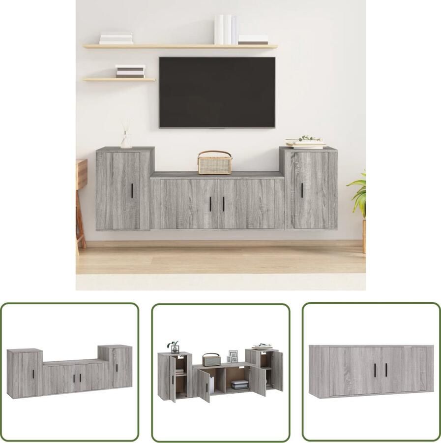 The Living Store Klassieke Televisiekastenset Tv-meubelset 100 x 34.5 x 40 cm Grijs Sonoma Eiken - Foto 2
