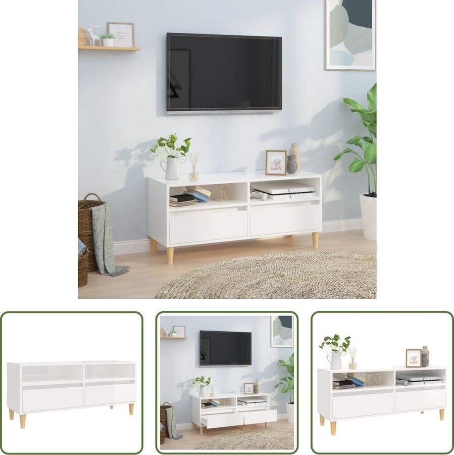 The Living Store Klassieke TV Kast Hoogglans Wit 100 x 34.5 x 44.5 cm Duurzaam materiaal - Foto 2