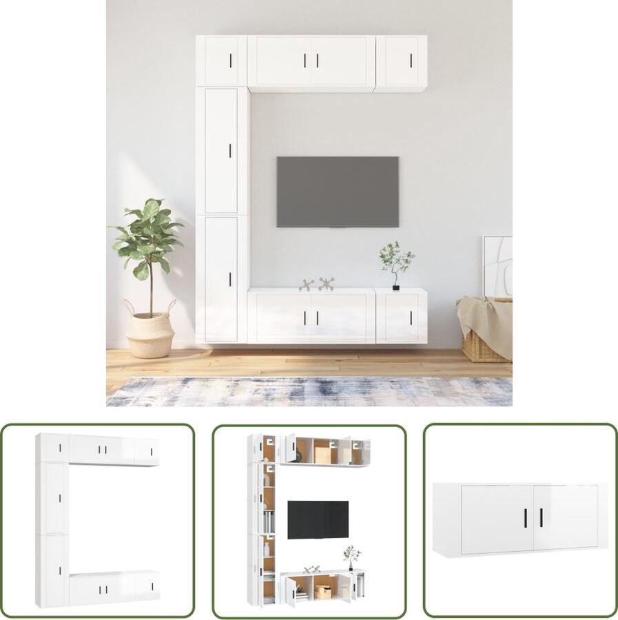 The Living Store Televisiekastenset Klassiek Bewerkt hout Hoogglans wit 2x 40x34.5x100 cm 2x 100x34.5x40 cm 3x 40x34.5x40 cm - Foto 2
