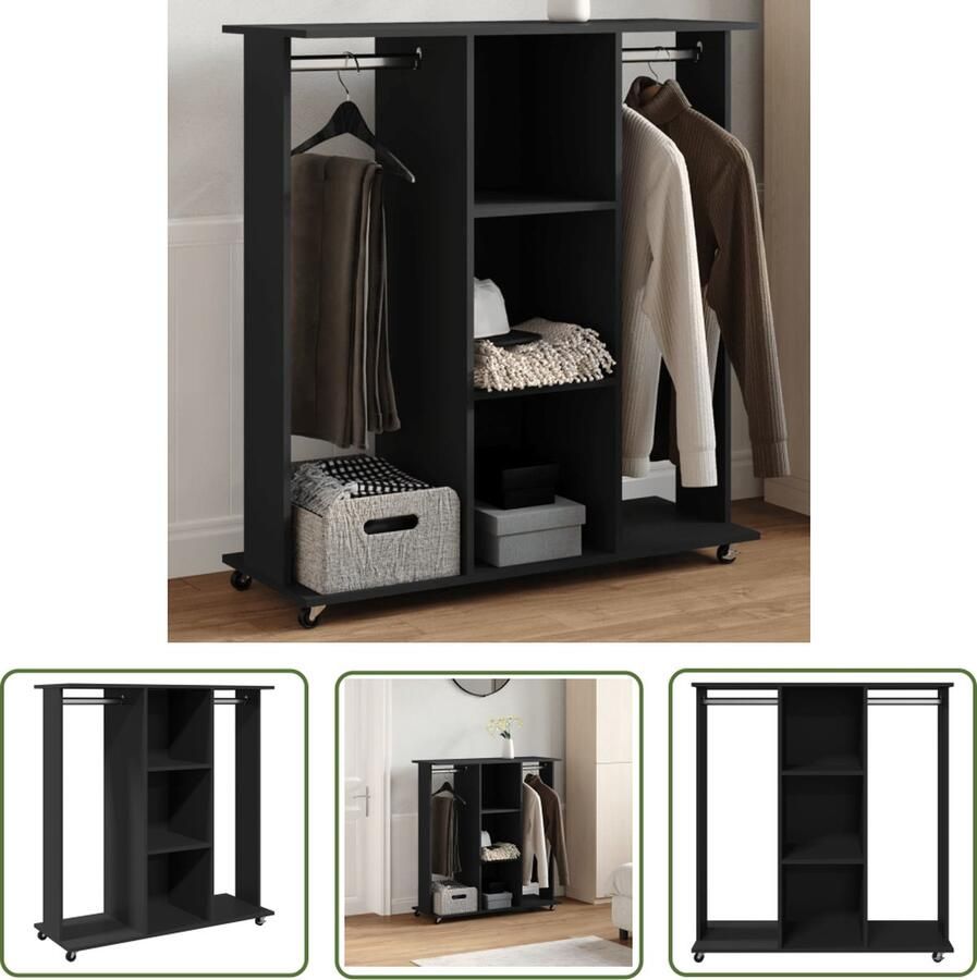 The Living Store Kledingkast met wielen 102x38x110 cm bewerkt hout zwart Kledingkast Houten Kledingkast Garderobe Opbergkast Kledingopbergen
