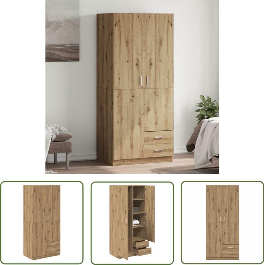 The Living Store Kledingkast 80x52x180 cm bewerkt hout artisanaal eikenkleurig Kledingkast Houten Kledingkast Opslagoplossing Garderobe Dressoir