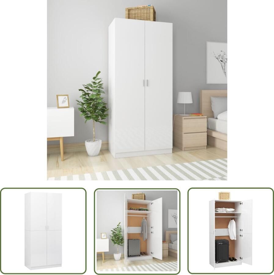 The Living Store Kledingkast 90x52x200 cm bewerkt hout hoogglans wit Kledingkast Witte Kast Houten Kast Garderobe Bergruimte - Foto 2