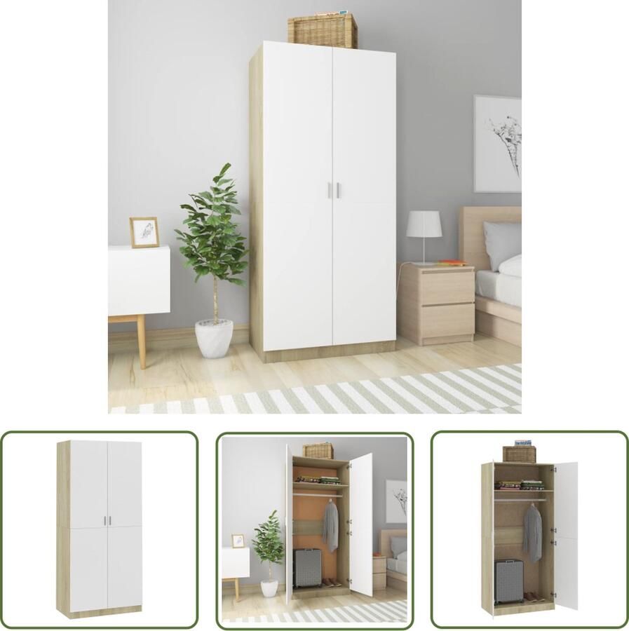 The Living Store Kledingkast 90x52x200 cm bewerkt hout wit en sonoma eiken Kledingkast Houten Kast Witte Kast Sonoma Eiken Kast Compact Kast - Foto 2