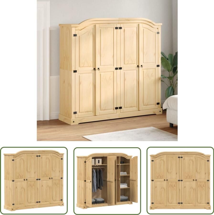 The Living Store Kledingkast Corona 194x52x186 cm massief grenenhout Kledingkast Massief Grenenhout Vintage Stijl Ruime Opbergruimte Bruine Kleur - Foto 2