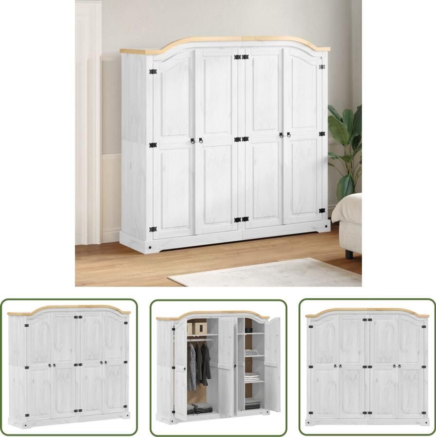 The Living Store Kledingkast Corona wit 194x52x186 cm massief grenenhout Kledingkast Opbergkast Grenenhout Witte Kledingkast Vintage Kast