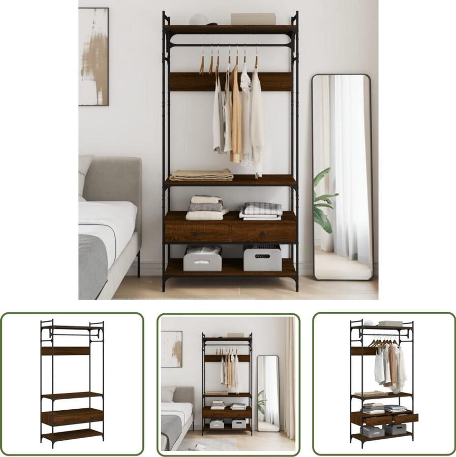 The Living Store Kledingrek met Opbergruimte 89x39x184cm Bruineiken hout metaal Stevig en stabiel ruime opbergruimte trendy compact ontwerp Verstelbare poten Montage vereist