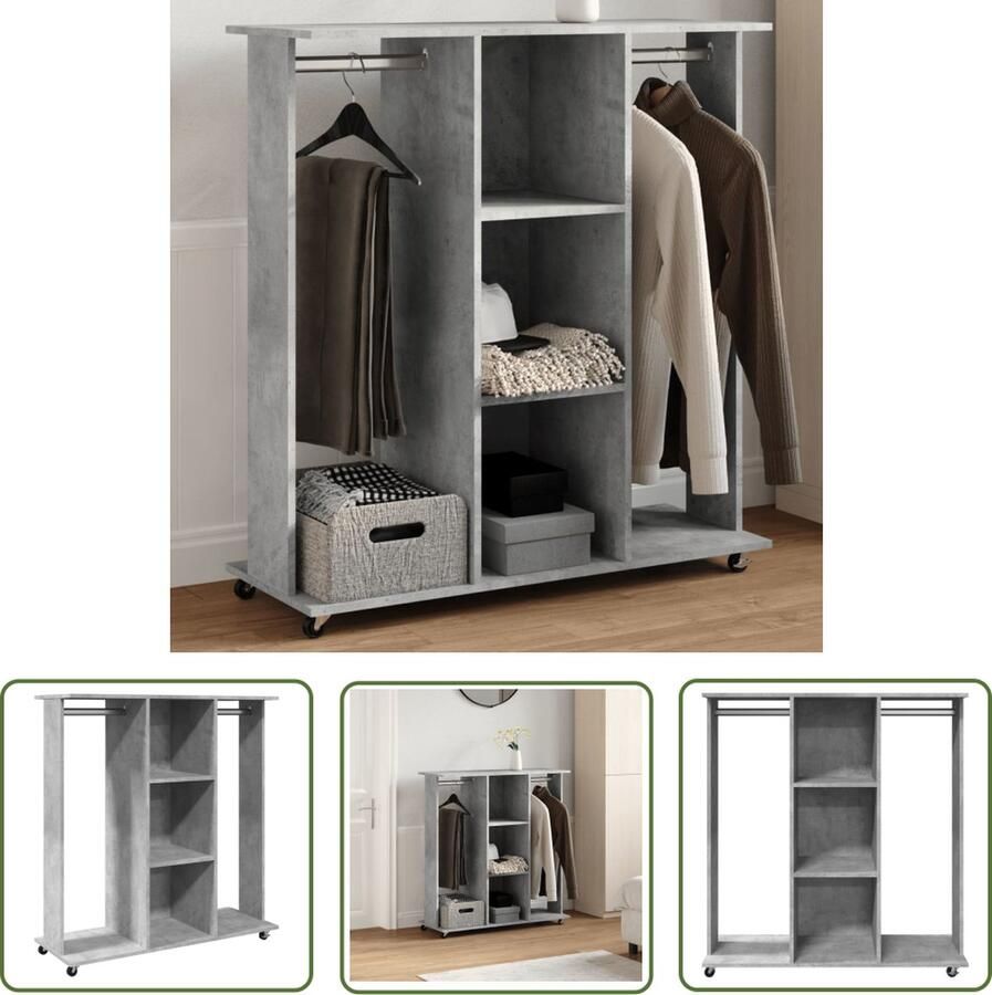 The Living Store Kledingkast met wielen 102x38x110 cm bewerkt hout betongrijs Kledingkast Opbergkast Houten Kast Grijze Kast Garderobe