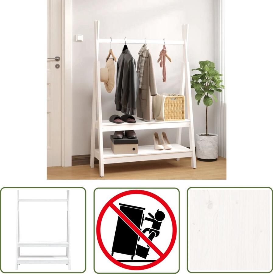 The Living Store Kledingrek Massief grenenhout Opbergruimte Stabiel Ruimtebesparend Wandmontage Montagehandleiding Wit 100x45.5x150 cm Kledingrek Kledingopbergers Garderobe Dressoir Vintage Kledingrek