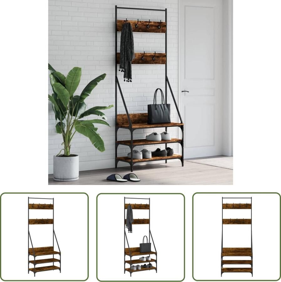 The Living Store Kledingrek met schoenenrek 72x34x184 cm gerookt eikenkleurig Kledingrek Kapstok Jassenrek Schoenenrek Houten Kasten