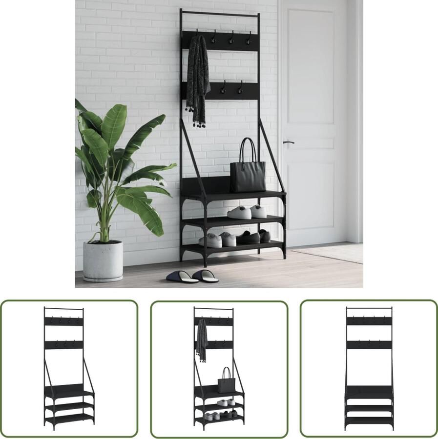 The Living Store Kapstok Zwart Kledingrek 72x34x184cm Duurzaam hout Genoeg opbergruimte Kledingrek Kapstok Kledingkast Organisatie Opslagruimte