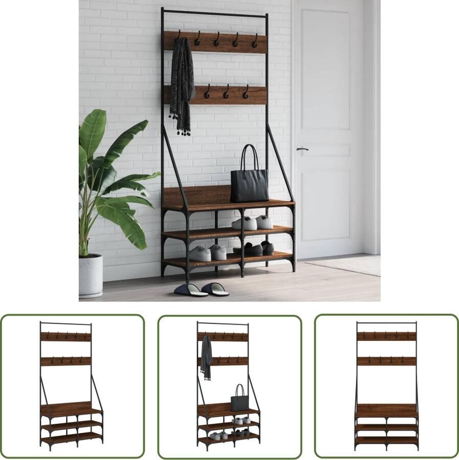 The Living Store Kapstok Bruineiken 90 x 34 x 184 cm Duurzaam hout Voldoende opbergruimte Trendy design Kledingrek Kapstok Garderobe Houten Kasten Bergruimte