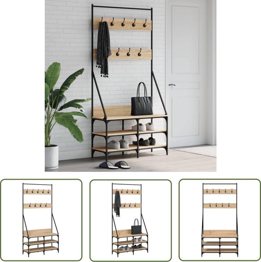 The Living Store Kapstok Sonoma Eiken 90 x 34 x 184 cm Duurzaam hout en metaal Kledingrek Kapstok Houten Kapstok Sonoma Eiken Vintage Kapstok