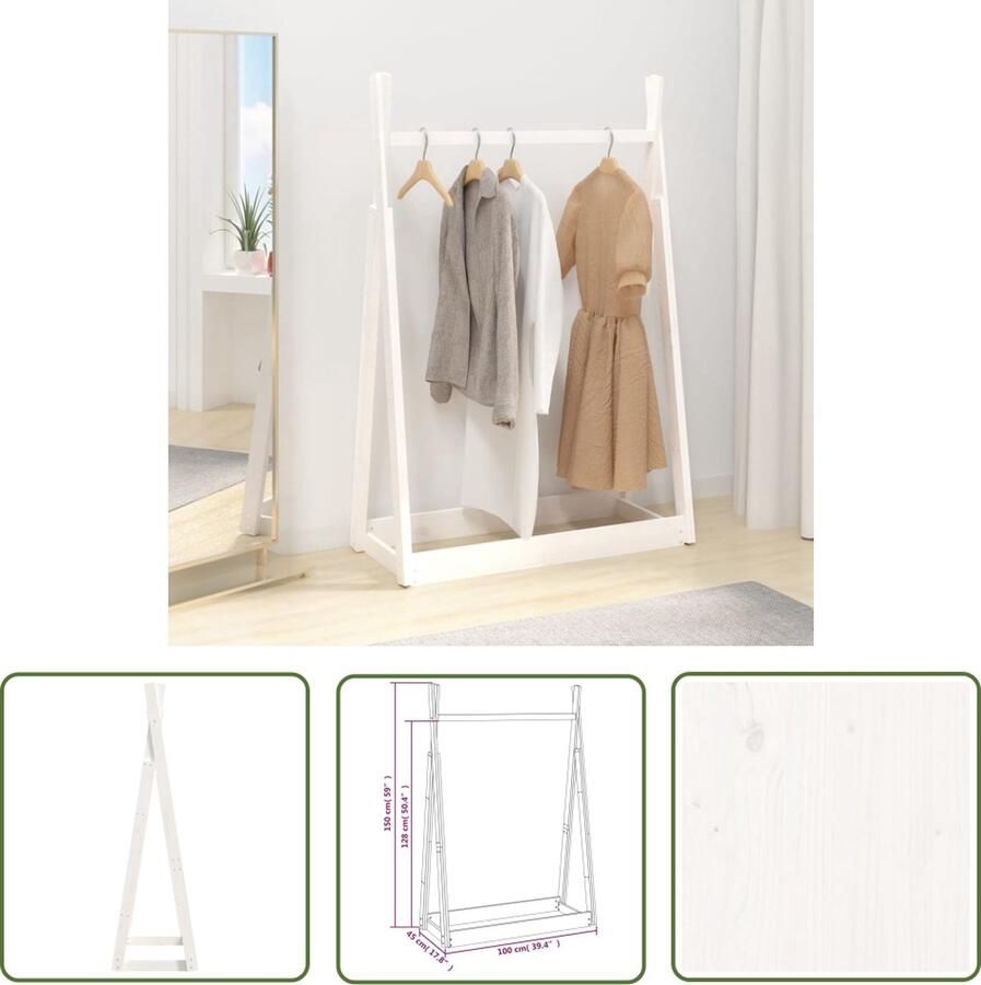 The Living Store Kledingrek Wit Massief Grenenhout 100 x 45 x 150 cm Opbergruimte Witte Kapstok Hout Kapstok Kledingrek Grenoblehouten Kapstok Vintage Kapstok