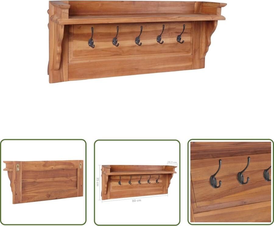 The Living Store Koloniale Houten Kapstok 80 x 16.5 x 35 cm Massief Teakhout 5 Haken en Bovenrek