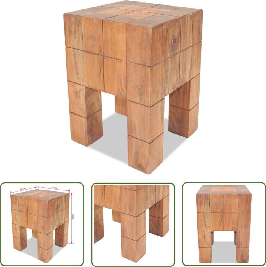 The Living Store Kruk Massief Gerecycled Hout 28 x 28 x 40 cm Handgemaakt Houten Kruk Vintage Kruk Handmade Kruk Acacia Kruk Bruine Kruk - Foto 2