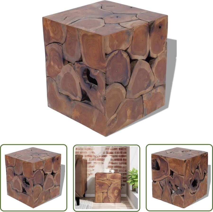 The Living Store Kruk Retro Teakhout 40 x 40 x 45 cm Bruin Retro Design Teak Meubels Vintage Stoffen Bruine Bank Houten Kruk - Foto 3