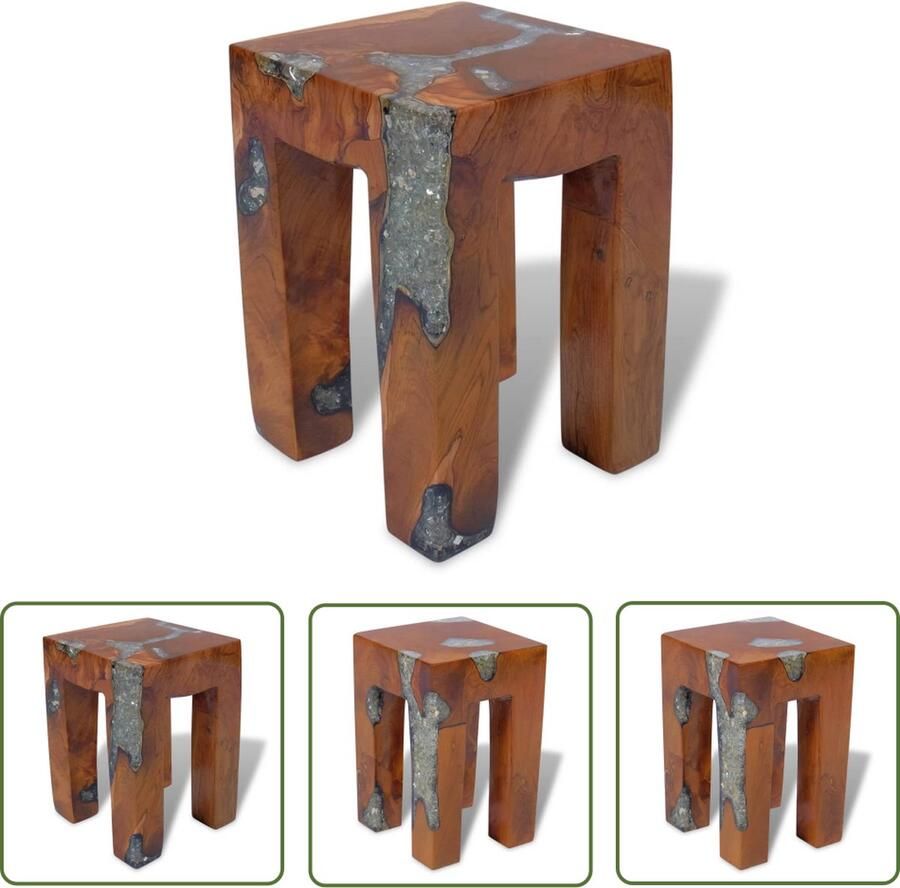 The Living Store Kruk Rustieke Charme Massief teakhout 30x30x40 cm Handgemaakt Krukkendesign Teak Meubilair Vintage Kruk Industriële Kruk Stoere Kruk - Foto 3