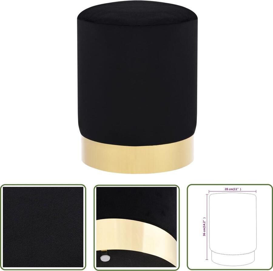 The Living Store Kruk Tonvorm 28 x 36 cm Fluweel Zwart Goud Kruisstoel Zitkruk Velvet Stoel Zwarte Kruk Gouden Kruk