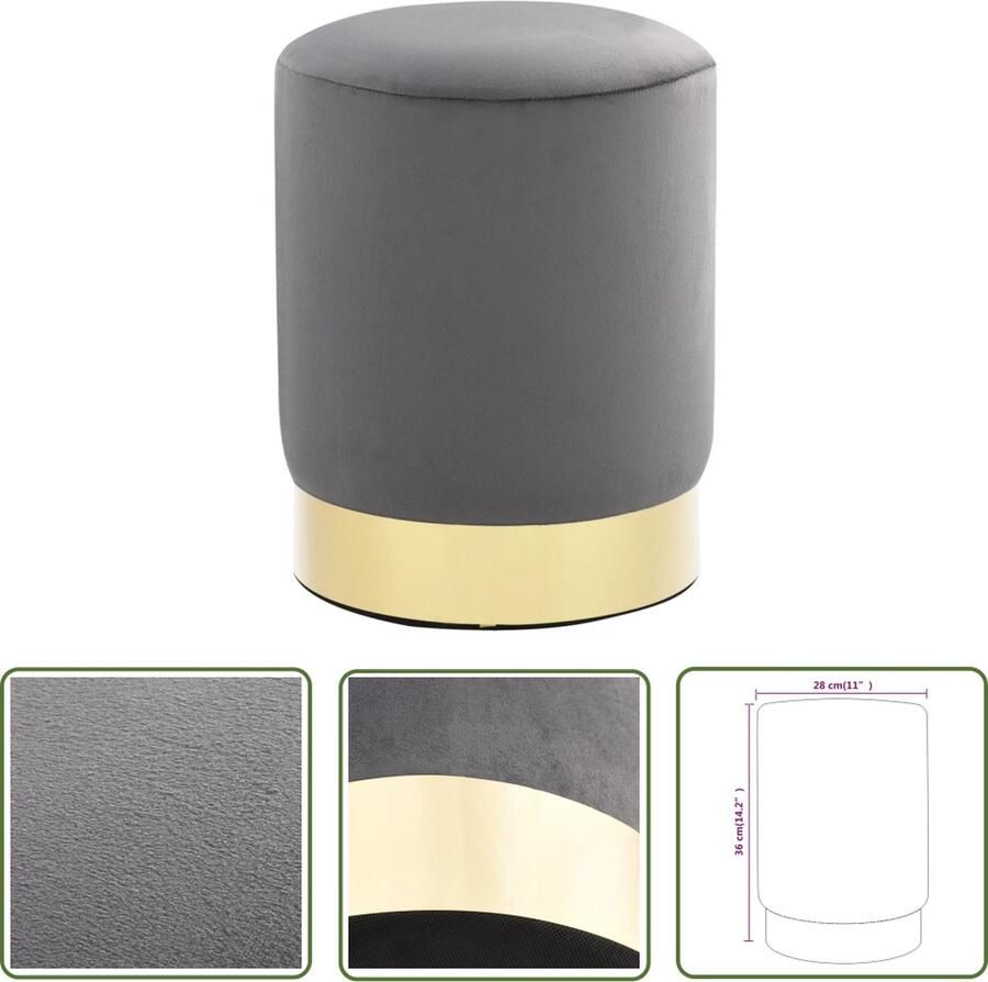 The Living Store Kruk Tonvorm 28x36 cm Donkergrijs en Goud Fluweel Metalen Basis Luxe Kruk Velvet Kruk Donkere Kruk Gouden Kruk Stoere Kruk