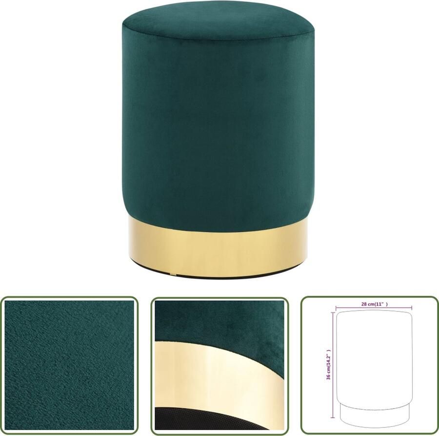 VidaXL Kruk fluweel 28 x 36 cm donkergroen en goudkleurig Luxe Kruk Donkere Kruk Velvet Kruk Ronde Kruk Stoffen Kruk