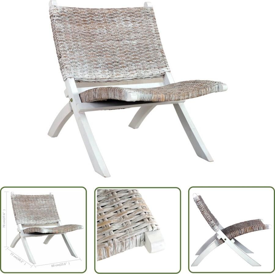 The Living Store Kubu Rattan Relaxstoel Wit 60 x 77 x 70 cm Natuurlijk kubu rattan en massief mahoniehout