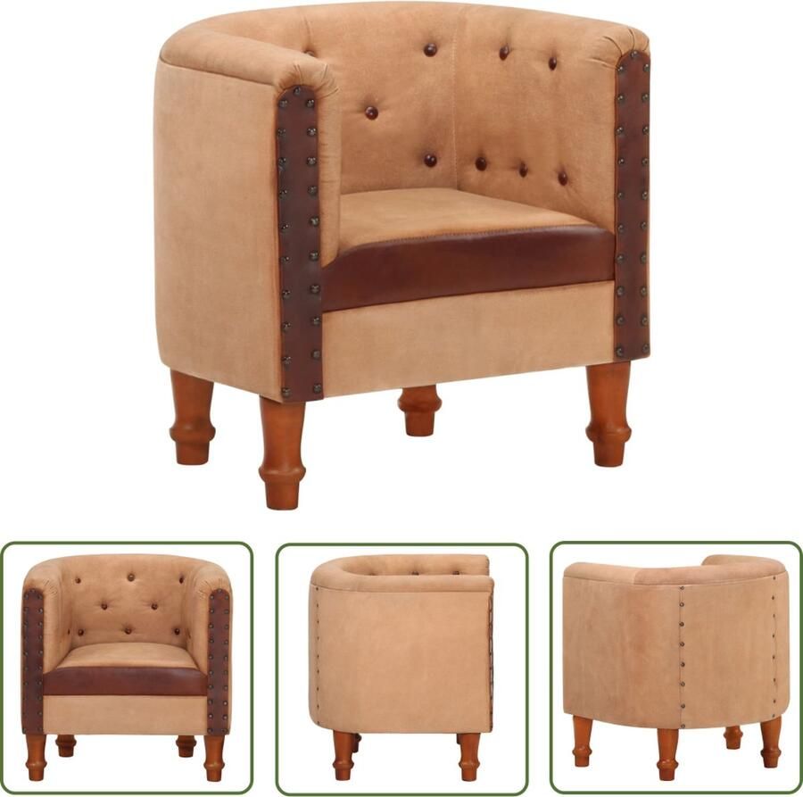 The Living Store Kuipstoel echt leer en massief mangohout bruin Fauteuil - Foto 2