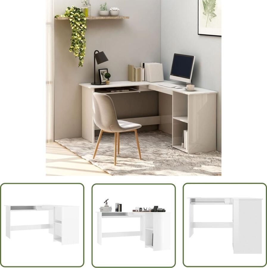 The Living Store Hoekbureau L-vormig 120x140x75 cm bewerkt hout hoogglans wit Hoekschrijf Bureau Werkplek Houten Bureau Wit Bureau - Foto 2