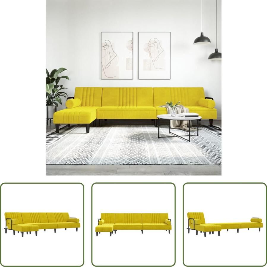 The Living Store L-vormige Slaapbank Fluweel Geel 260 x 140 x 70 cm 3 Verstelbare posities Slaapbank Hoekbank L-vormig Sofa Lounge Bank Fluweel Bank