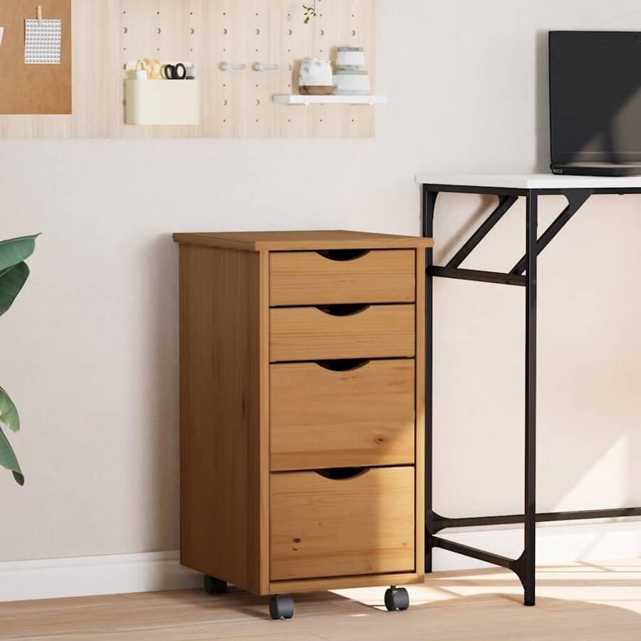 The Living Store Ladekast MOSS verrijdbaar massief grenenhout honingbruin Lade Kast Opbergkast Buro Accessoires Grenenhout Meubels Honey Brown Furniture