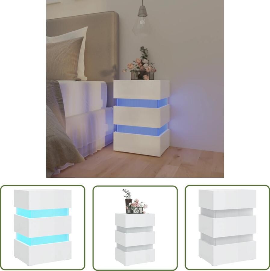 The Living Store LED-nachtkastje Hoogglans wit Bewerkt hout 45 x 35 x 67 cm Met LED-verlichting Montage vereist Nachtkastje Led Lamp Houten Nachtlamp Slaapkamer Decoratie Opbergvak - Foto 2
