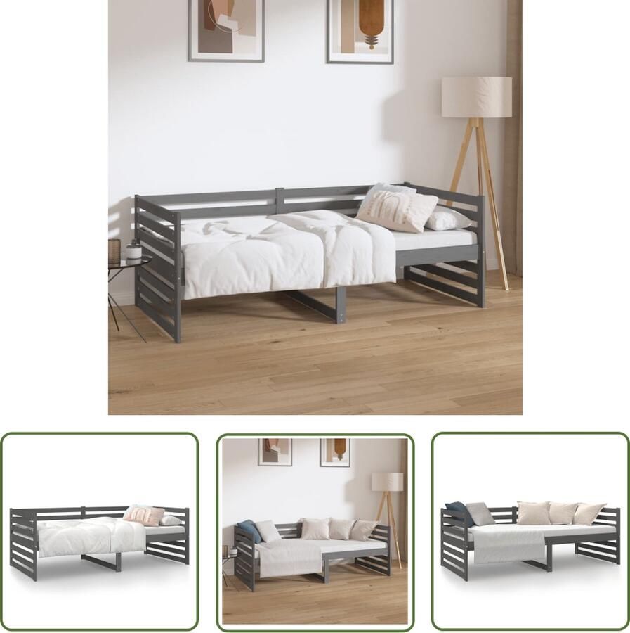 The Living Store Logeerbed Massief grenenhout 3-zijdig bedhek Gelat ontwerp Veelzijdig Extra opbergruimte Grijs 193.5 x 96 x 68.5 cm (L x B x H) Geschikte matras- 90 x 190 cm (B x L)
