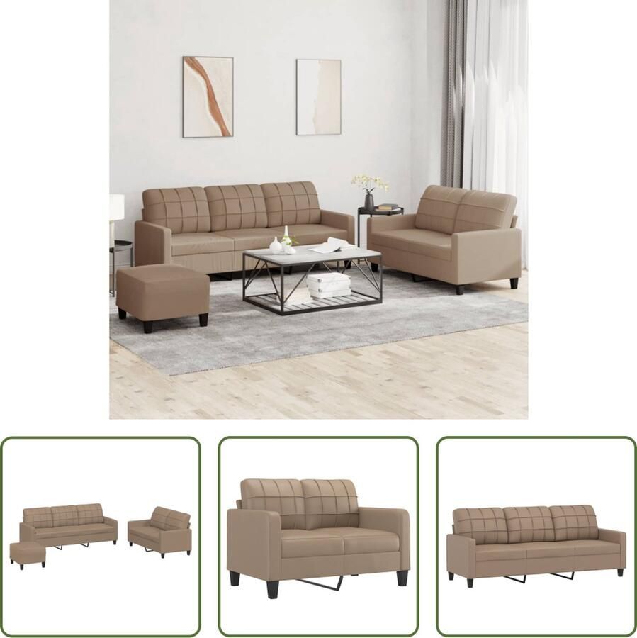 The Living Store 3-delige Loungeset met kussens kunstleer cappuccino Loungeset Bruine Bank Lederlook Bank 2 Persoons Bank 3 Persoons Bank - Foto 2