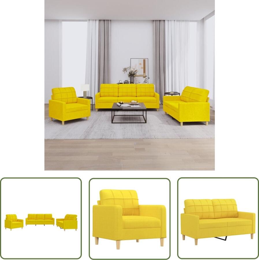 VidaXL Bankstel Loungeset 3-delige Loungeset met kussens stof lichtgeel Fauteuils 2-zitsbank 3-zitsbank - Foto 2