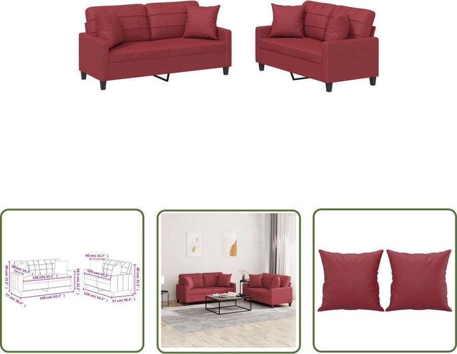 The Living Store Loungeset 2-zitsbank Wijnrood Kunstleer 138x77x80 cm Inclusief kussens Loungeset Tuinmeubel Buitenset 2 Persoons Bank Rood Meubilair