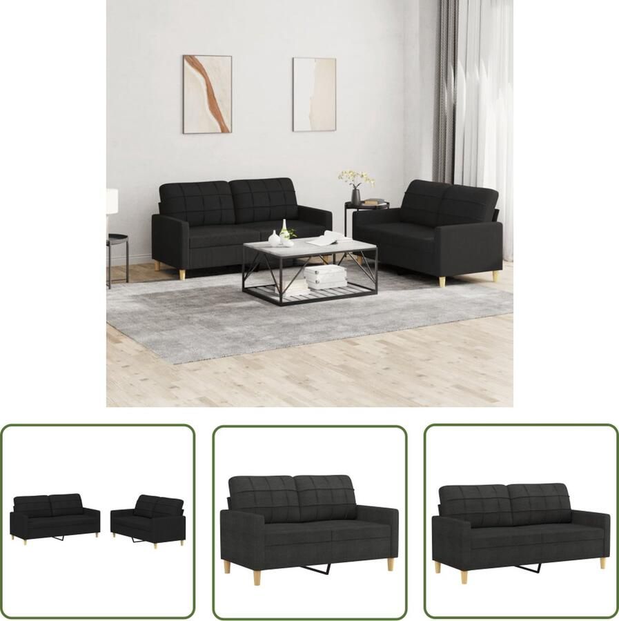 The Living Store Loungeset Zwarte Stof 2-zitsbank 138x77x80cm + Driezitsbank 198x77x80cm + 5 Zitkussens Loungeset Bankstel Buitenmeubel Tuinlounge Zwarte Lounge - Foto 2