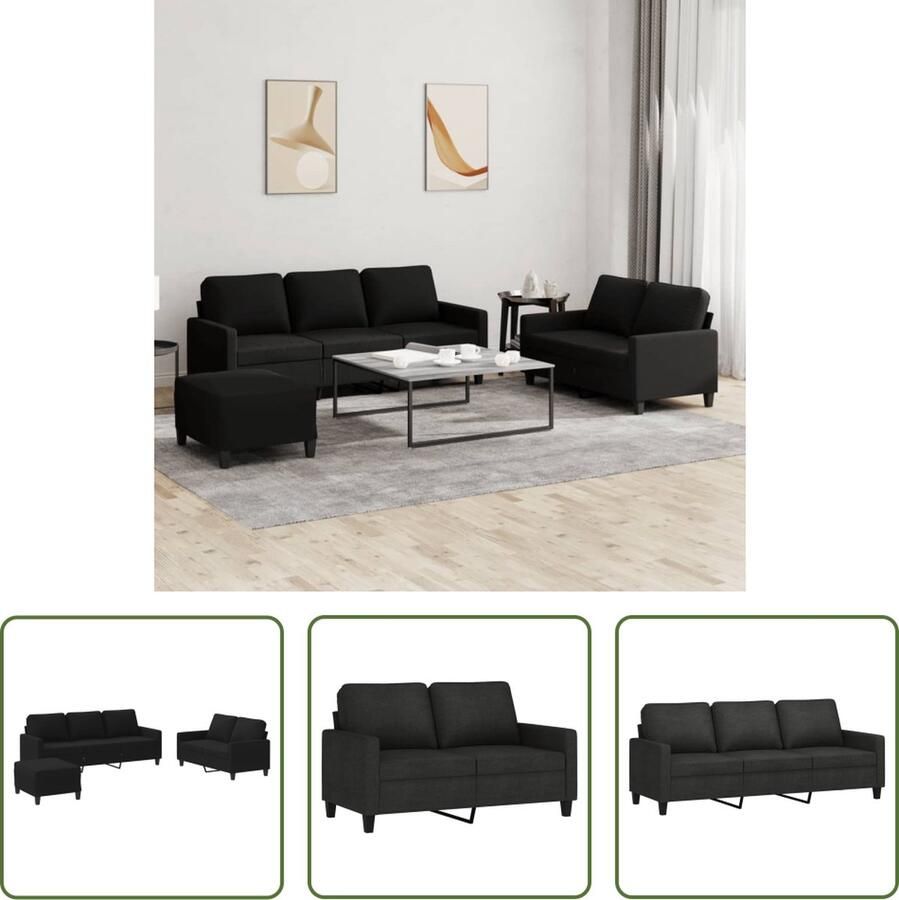 The Living Store 3-delige loungeset met kussens stof zwart Loungeset Tuinmeubel Buitenset Zwarte Lounge Loungebank