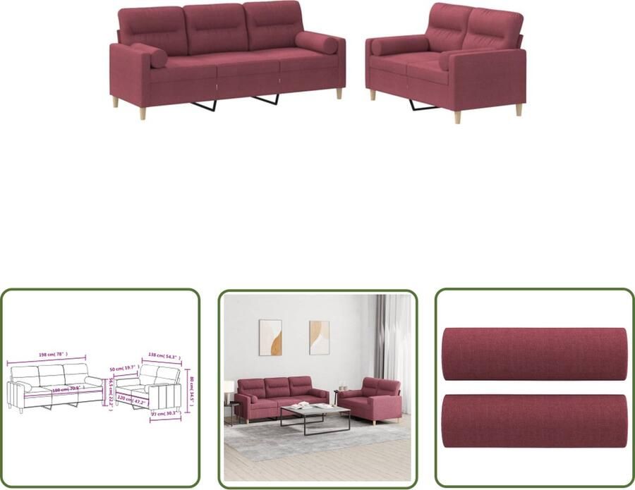 The Living Store 2-delige Loungeset met kussens stof wijnrood Loungeset Bankstel Tuinmeubel Loungehoek Rood Meubilair - Foto 2