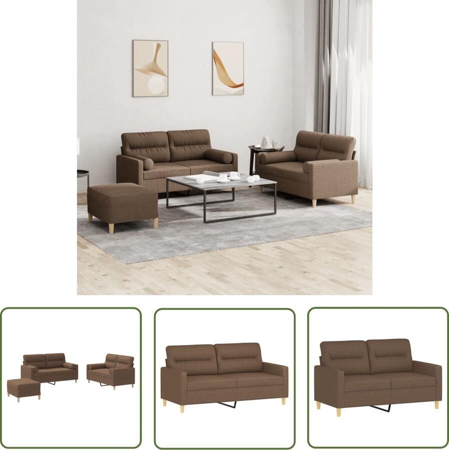 The Living Store Loungeset Bruin Stof (100% polyester) Metaal textileen multiplex 2-zitsbank (klein) 138 x 77 x 80 cm 2-zitsbank (groot) 158 x 77 x 80 cm Voetenbank 70 x 55 x 41 cm Inclusief kussens en montage - Foto 2