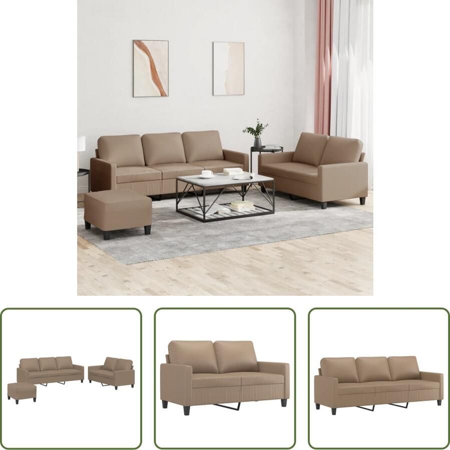The Living Store 3-delige Loungeset met kussens kunstleer cappuccino Loungeset Bruine Bank Lederlook Bank Buitenmeubel Tuinlounge - Foto 2