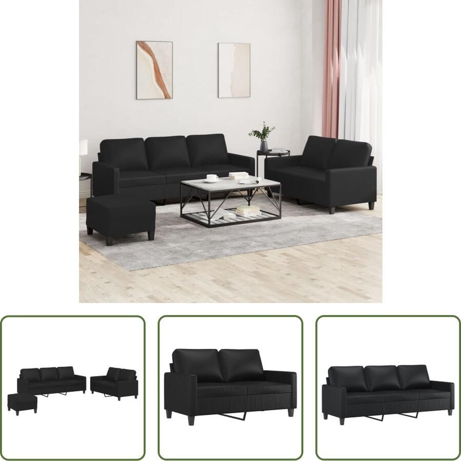 The Living Store Loungeset Kunstleer 2-zitsbank 3-zitsbank voetenbank Zwart 138x77x80 cm 198x77x80 cm 60x50x41 cm Inclusief zitkussens
