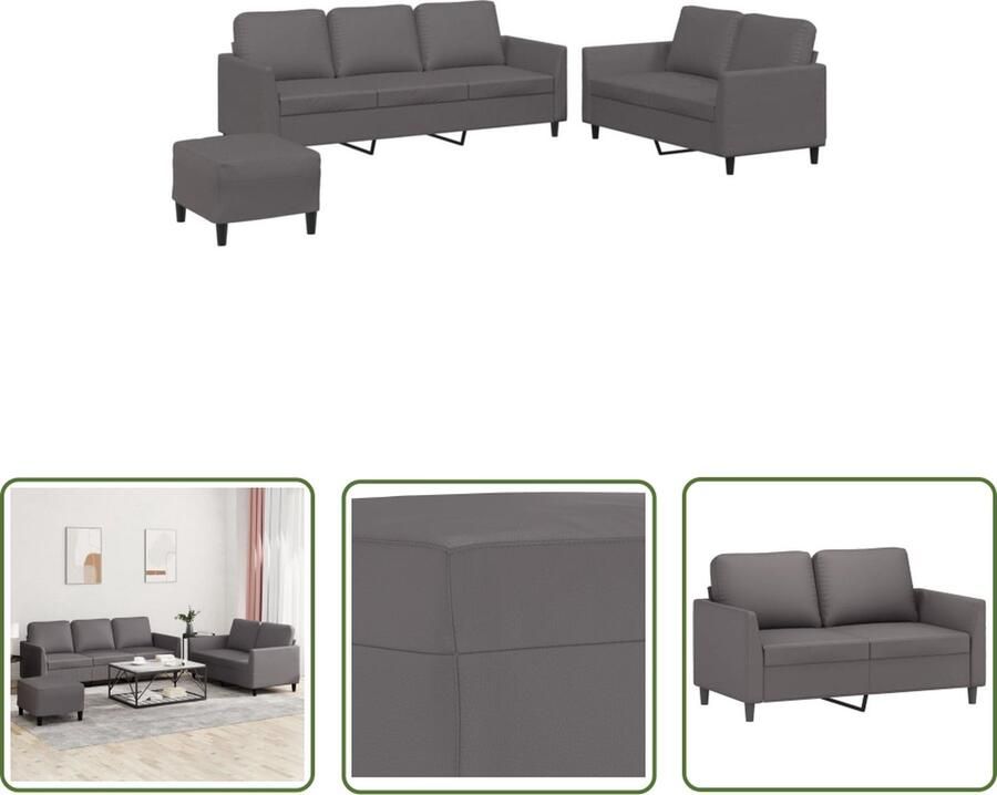 The Living Store 3-delige Loungeset met kussens kunstleer grijs Loungebank Sofa Tuinmeubel Buitenmeubel Kunstleder Sofa