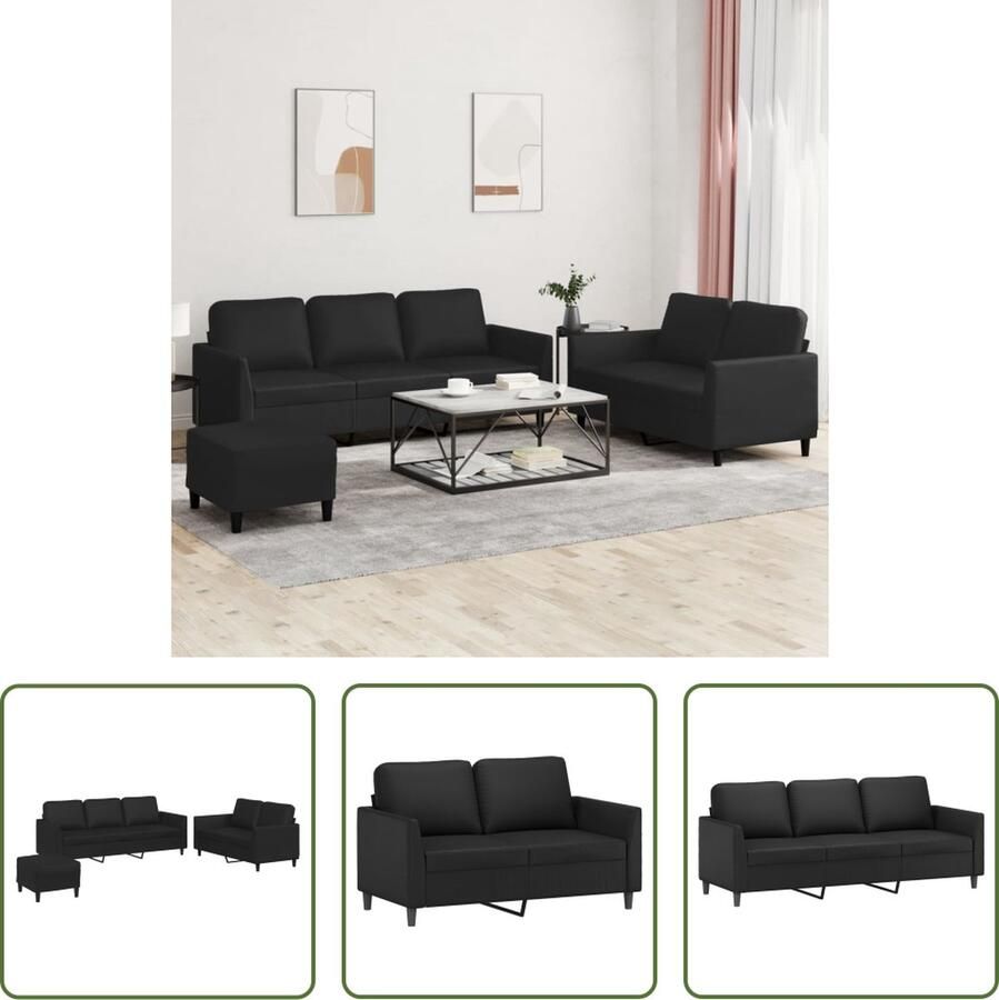 The Living Store 3-delige Loungeset met kussens kunstleer zwart Loungebank Kunstleder Sofa Zwarte Lounge Set Buitenlounge Tuinmeubel - Foto 2