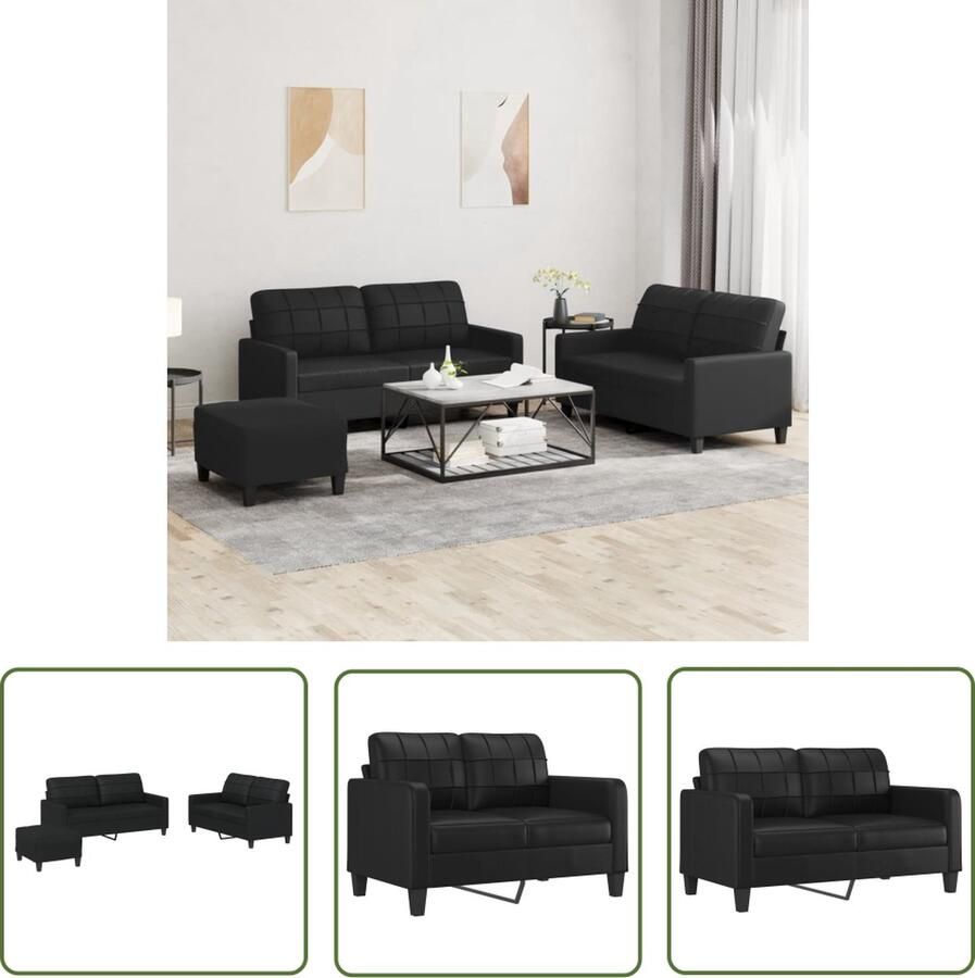 The Living Store Loungeset Kunstleer Zwart 2-zitsbank (138x77x80cm) Grote 2-zitsbank (158x77x80cm) Voetenbank (70x55x41cm) Loungeset Zwarte Lounge Set 2 Persoons Bank Loungebank Buitenmeubel - Foto 2
