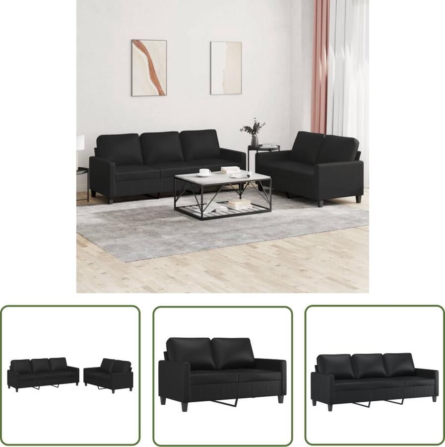 The Living Store Loungeset Kunstleren Bankstel Zwart 2+3-zits Inclusief Zitkussens Loungeset Bankstellen Zwarte Meubels Kunstleder Sofa Lounge Set - Foto 2