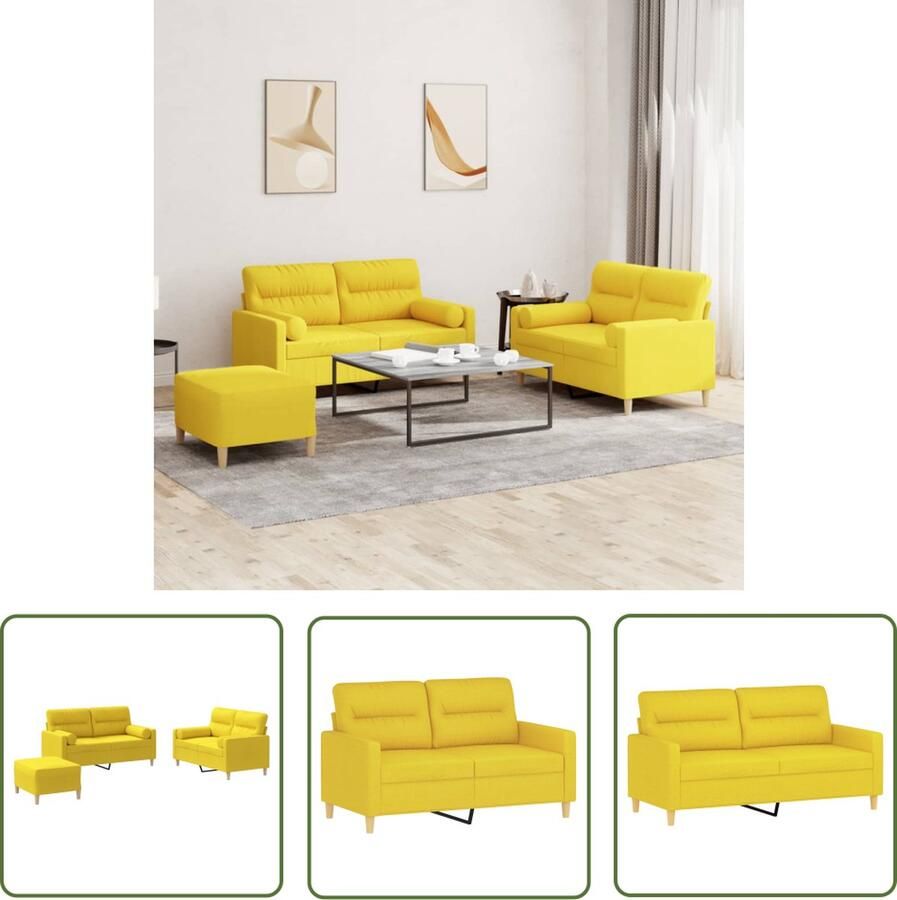 The Living Store Loungeset Marbella 2-zitsbank Lichtgeel 138x77x80 cm Duurzame stof Stevig metalen frame Comfortabele zitting Praktische rolkussens Veelzijdige voetenbank