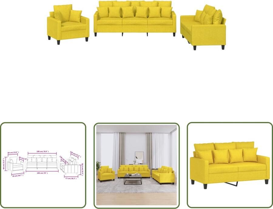VidaXL The Living Store 3-delige Loungeset met kussens stof lichtgeel Loungeset Bankstel Buitenmeubel Tuinlounge Stoffen Lounge Set